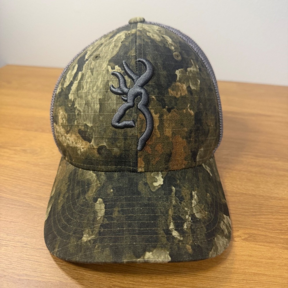 Browning Mens Camo Flexfit Trucker Hat S-M Grey Mesh Buckmark Logo Cap